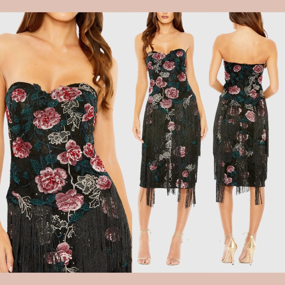 NEW MAC DUGGAL [ 4 ] 20577 Fringe Strapless Floral Embroidered‎ Midi Dress S1937